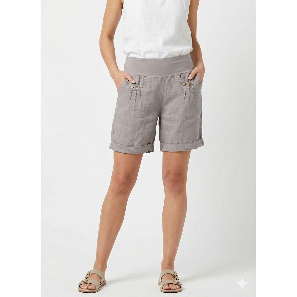 100%Lin Blanc Women's brown 100% linen shorts Size 48 casual summer high waist